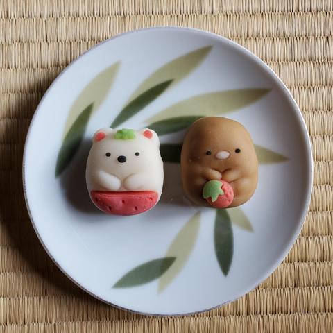 Sumikko Gurashi's milk flavoured 'shirokuma' (polar bear) nerikiri, and strawberry milk flavoured 'tonkatsu' (breaded pork cutlet) nerikiri.