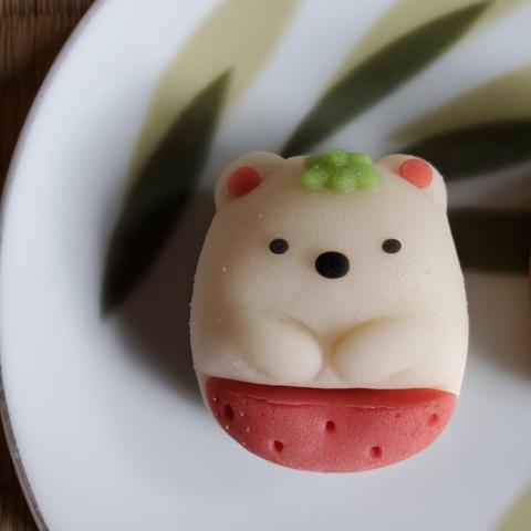 Sumikko Gurashi's milk flavoured 'shirokuma' (polar bear) nerikiri, and strawberry milk flavoured 'tonkatsu' (breaded pork cutlet) nerikiri.