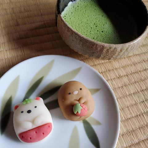 Sumikko Gurashi's milk flavoured 'shirokuma' (polar bear) nerikiri, and strawberry milk flavoured 'tonkatsu' (breaded pork cutlet) nerikiri.